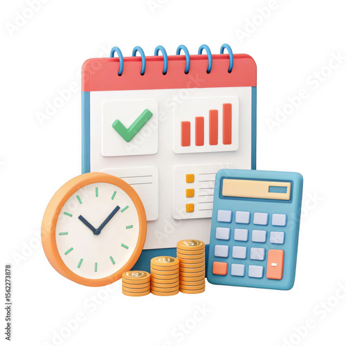 Financial planning calendar clock calculator and coins isolated on transparent background