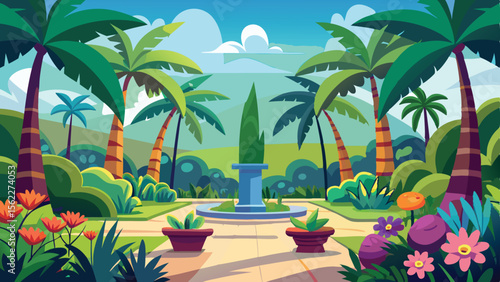 Cartoon Landscape Palm Trees, Tropical Flowers, Fountain, and Lush Greenery Create a Relaxing Scene