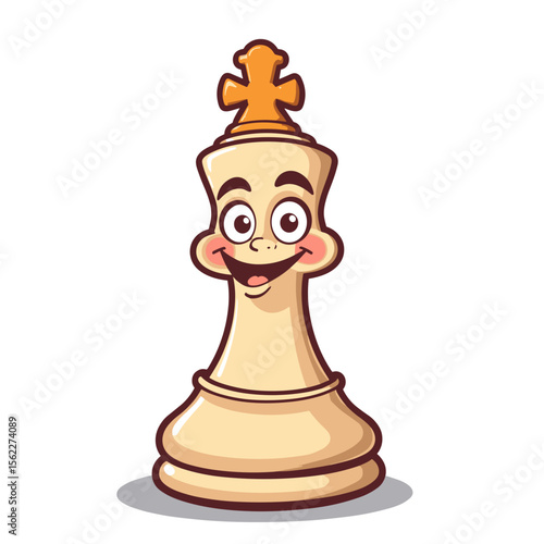 Cartoon chess king character smiling with cheerful expression  