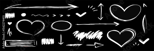 Hand-drawn White Chalk Arrows, Hearts, and Shapes on Black Background