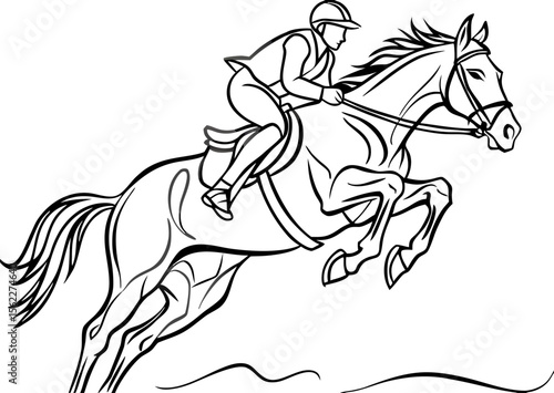 Line art of equestrian jumping horse and rider