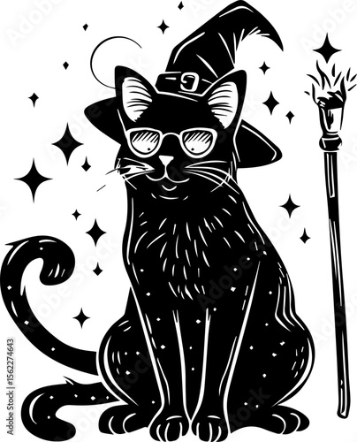 Cute Wizard Cat Illustration in Cartoon Style