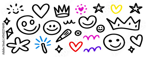 Hand-drawn doodles: hearts, crowns, stars, smiley faces, and more
