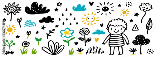 Cute Hand Drawn Child, Flowers, Sun & Clouds Clipart