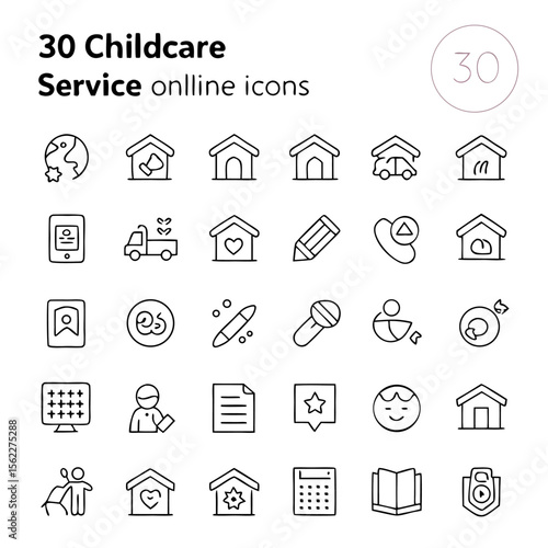 Collection of thirty childcare service online icons featuring various line art symbols and representations