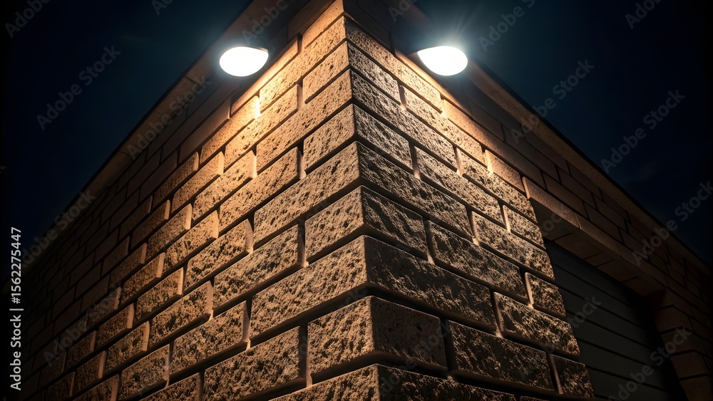 Fototapeta premium Nighttime Exterior: Illuminated Brick Corner, Modern Architectural Detail, Warm Lighting