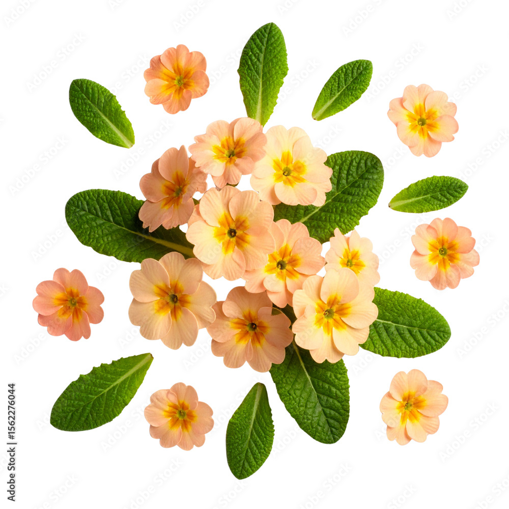 Naklejka premium Romantic Flat Lay of Peach Primula Blossoms with Foliage, White Background