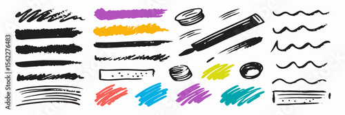 Hand-drawn marker strokes, underlines & doodles; design elements