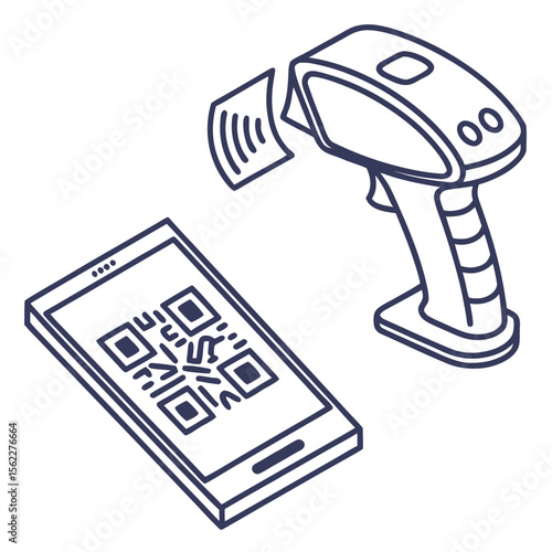 A line art illustration of a smartphone displaying a qr code being scanned by a handheld barcode scanner representing digital payment and data transfer