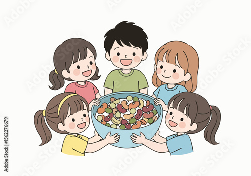 Colorful Cartoon Style Children Holding a Large Bowl of Snacks Illustration