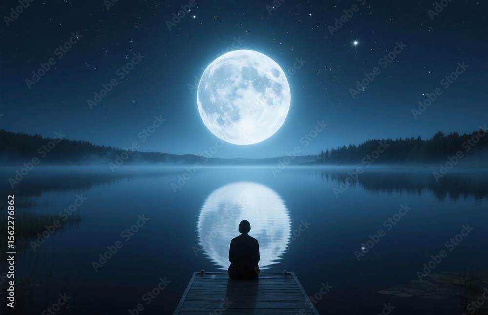 Fototapeta premium Full moon reflected in lake at night, person on dock under misty stars, cinematic scene for peaceful inspiration or science visuals