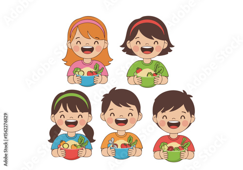 Cartoon Style Smiling Children Holding Cup Illustration Set on White Background