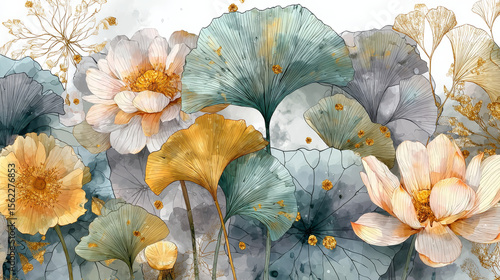 Wallpaper Mural Botanical watercolor background featuring line drawings of lotus, ginkgo, and leafy branches with a sun motif designed for posters, banners, and home decor. Torontodigital.ca