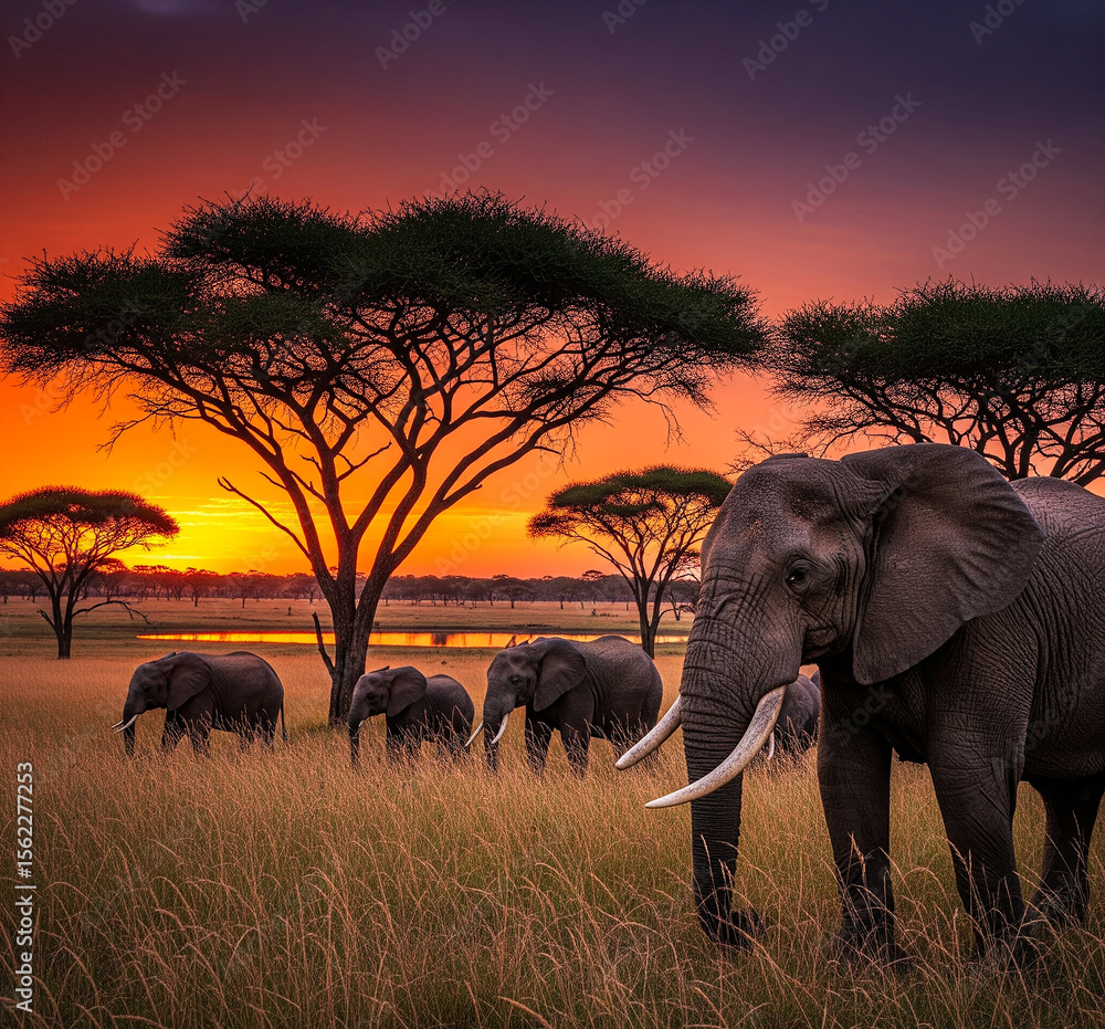 Fototapeta premium Herd of African elephants walking through tall grass near acacia trees at vibrant sunset in savanna landscape wildlife scenery 