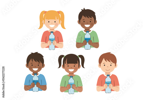Cartoon Style Diverse Children Holding Bottle of Water Illustration