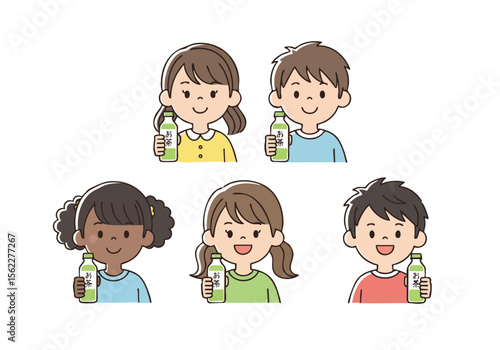 Cartoon Style Illustration of Diverse Kids Holding a Drink Bottle Beverage