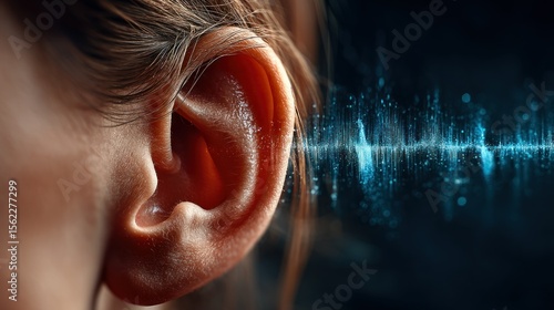 Ear close-up, soundwave visual, hearing concept