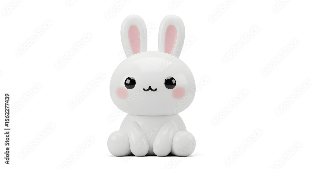 Obraz premium Cute White Bunny Toy Figurine with Pink Ears Sitting on White Background for Children's Decor