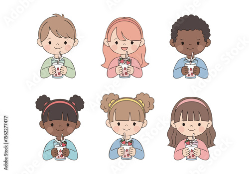 Cute Flat Cartoon Characters Illustration of Diverse Children Drinking Milkshake