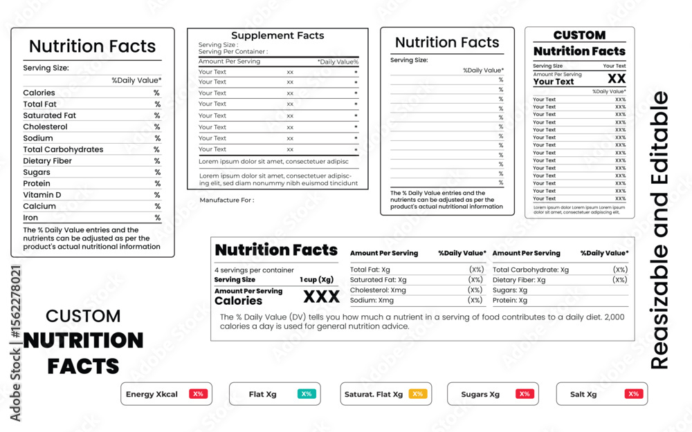 Customizable Nutrition Facts Label Template, Resizable, Editable Food Information Design Customizable Nutrition Facts Label Template, Resizable, Editable Food Information Design