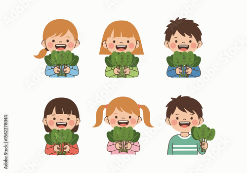 Cute Cartoon Style Children Holding Broccoli Vegetable Healthy Eating Illustration