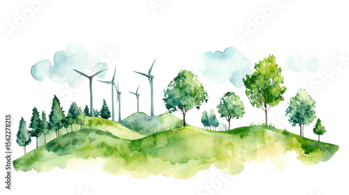 Watercolor illustration of a green landscape with wind turbine eco friendly renewable energy scene featuring grassy hills blue sky and sustainable environment concept isolated on white background