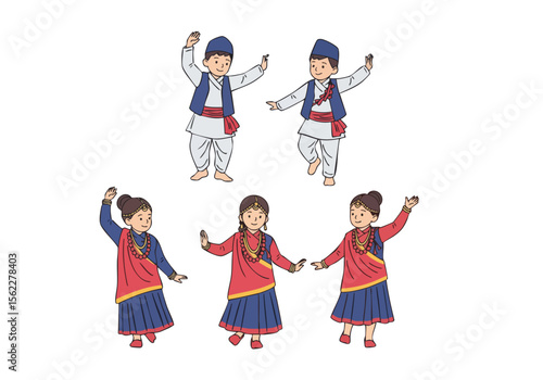 Colorful Handdrawn Nepali Cultural Dance Performance Traditional Illustration