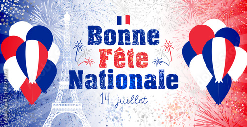 Happy National Day 14 th of July French postcard. Internet banner. Advertisement design. Web poster. Social network timeline story. Blogging congrats. Festive backdrop with abstract shiny elements.