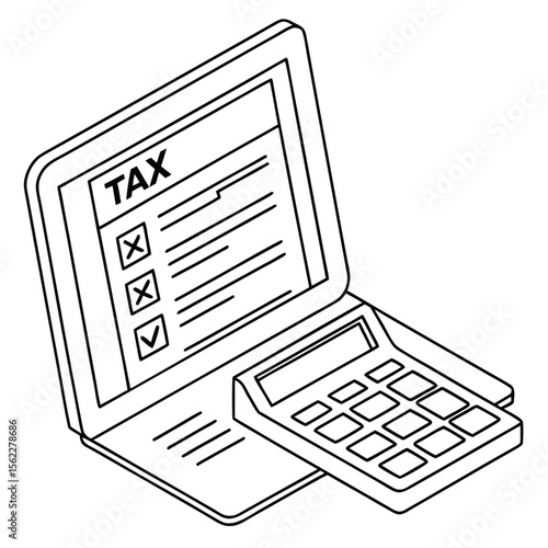 Conceptual illustration of a laptop displaying a tax form with checkboxes next to a calculator symbolizing financial planning and tax preparation