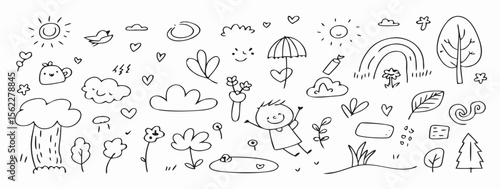 Hand-drawn Childlike Nature Doodle Set: Sun, Rainbow, Trees, Clouds, Flowers