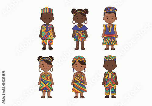 Cute Handdrawn African Children Wearing Traditional Clothes Character Illustration