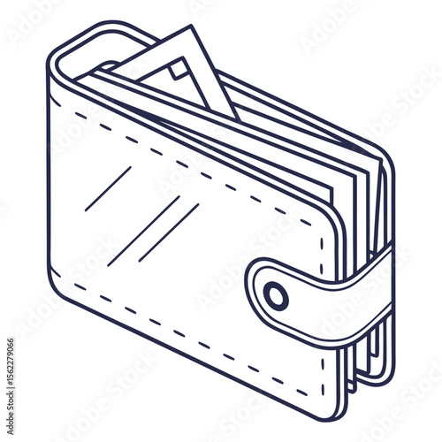 A simple outline illustration of a leather wallet with money tucked inside presented in a clean isometric perspective on a white background