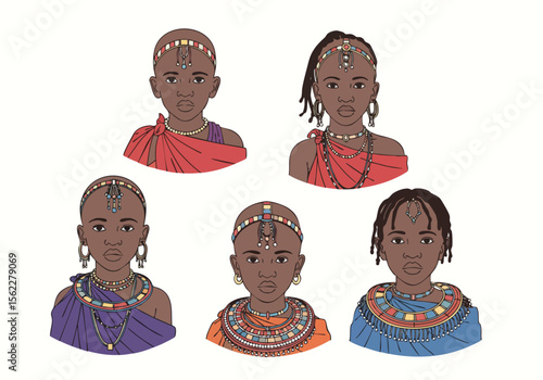 Handdrawn Beautiful Diverse Maasai Children Portrait Wearing Traditional Clothing Illustration