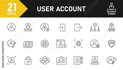 User account line icon set. Set of 21 outline icons related to profile, login, logout, password, user name, lock and others. Editable stroke. Vector illustration.