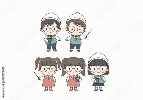 Flat Cute Illustration Schoolboy and Schoolgirl Character Design Education Element