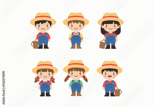 Cute Cartoon Style Diverse Little Farmer Character Set Illustration