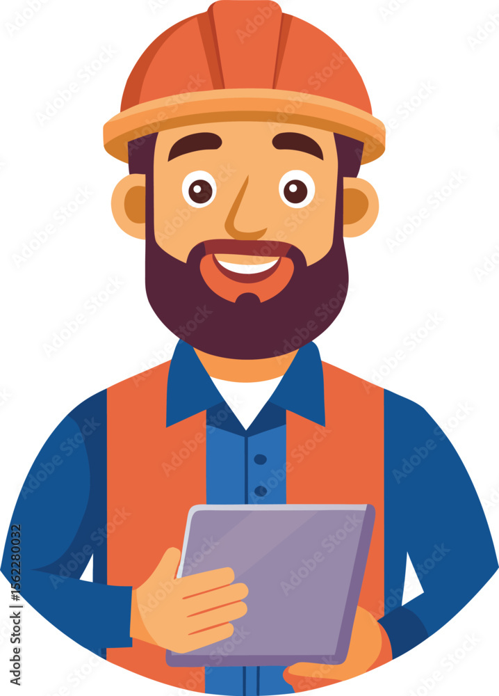 An male engineer, male engineer in safety helmet holding tablet and smiling An male engineer, male engineer in safety helmet holding tablet and smiling