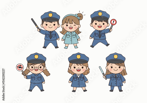 Cartoon Style Group Traffic Policeman and Girl Standing Together Illustration