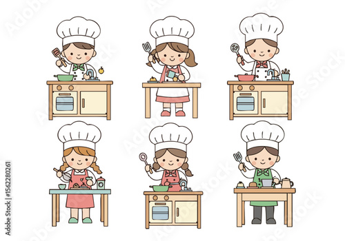 Cute Handdrawn Various Chef Character at Kitchen Counter Illustration