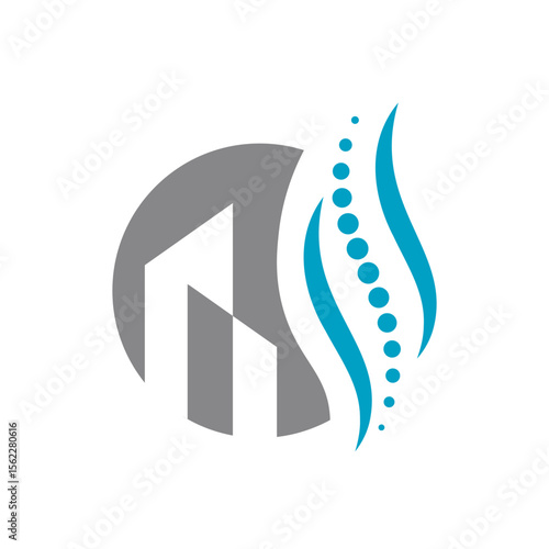 A circular logo with a gray abstract building silhouette and a vibrant blue, flowing spine-like element