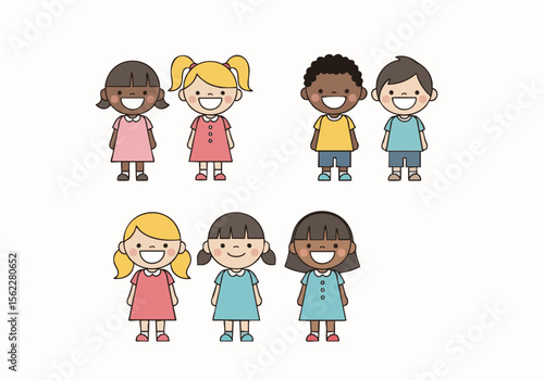 Cute Cartoon Style Diverse Group of Children Standing Together Illustration