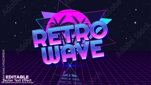 Retro wave 3d editable vector text effect. 80s synthwave, neon vaporwave, chrome glitch, and futuristic nostalgia typography style for digital design.