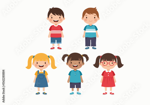 Cartoon Flat Little Kid Illustration of Diverse Boys and Girls Group