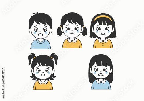 Simple Flat Style Crying Children Character Face Set Illustration