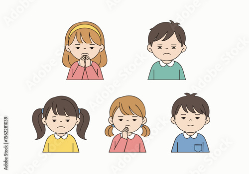 Flat Illustration Bored Kids Group with Various Facial Expressions Cartoon