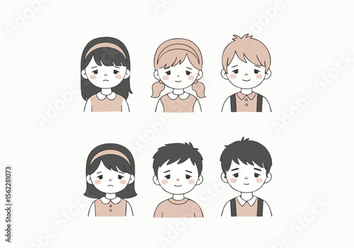 Flat Style Sad Children Character Illustration Set of Different Expressions