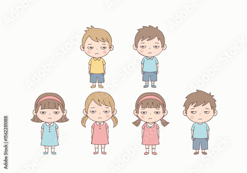 Cute Cartoon Style Bored Kids Characters Standing Still Illustration