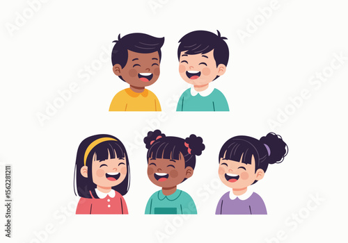 Cartoon Style Cheerful Diverse Kids Smiling Together Illustration