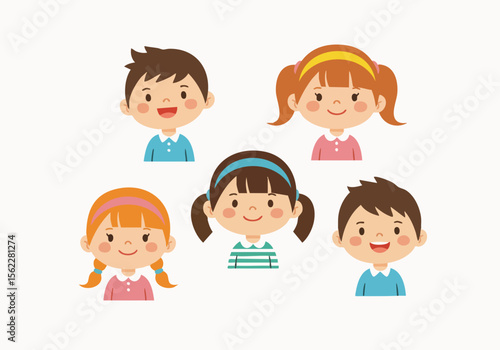 Cute Cartoon Style Diverse Children Faces Illustration Set for Education Material