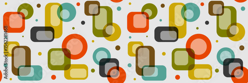 Abstract seamless colorful 60s geometric pattern for fabric, textile, wrapping cards, flyers. Modern stylish ornament. Fashion trends. Decor for interior. Squares and circles pattern.